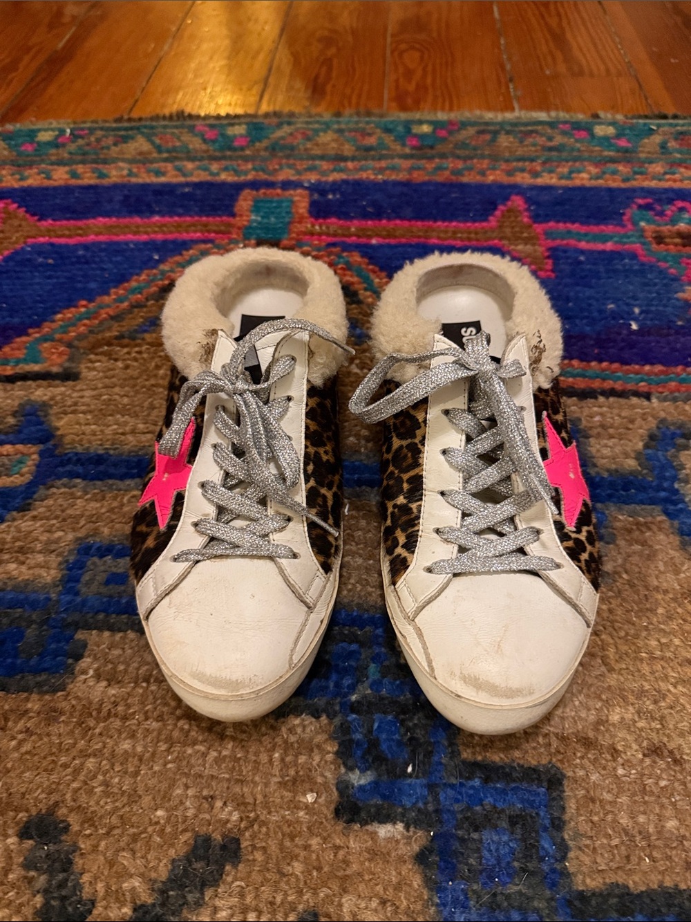 Golden Goose SlIp On Leopard-Print Sneakers with Hot Pink Star + Fleece